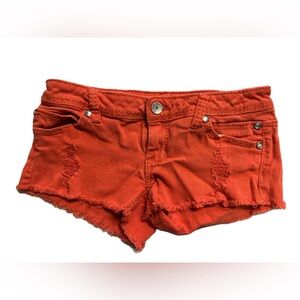 Almost Famous women’s short shorts, size 5 juniors coral orange booty shorts